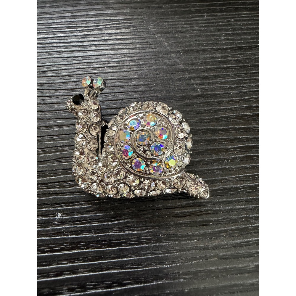 Silver Tone Snail Brooch AB Iridescent Rhinestone Crystal Garden Bug Pin